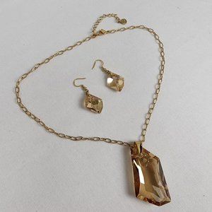 FAC Gold Brown Geometric Crystal Pendant Necklace &Hook Earrings Set